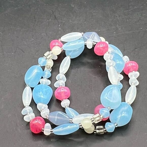 Baby Blue & Pink Chunky Beaded Statement Bracelet Gender Reveal Double Strand - Picture 6 of 6